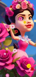 Whimsical cartoon girl with pink roses in a vibrant garden setting.