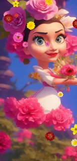 Whimsical cartoon girl with pink flowers, magical scene.