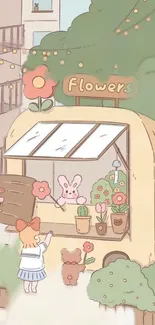 Whimsical cartoon scene of a flower market with cute characters and pastel colors.