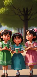 Three cartoon friends walking in a sunlit park, wearing colorful dresses.