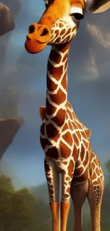 Cartoon giraffe standing in a lush, animated forest setting.