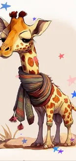 Charming cartoon giraffe with scarf on mobile wallpaper.