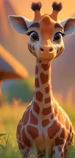 Charming cartoon giraffe in a vibrant safari setting.