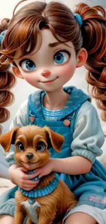 Cartoon girl with braids and puppy in playful art scene.