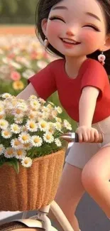 Cartoon girl joyfully biking with flower basket.