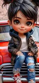 Cartoon girl sitting on a vintage red car.