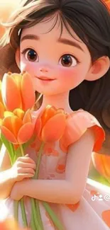 Adorable cartoon girl with tulips in orange tones.