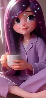 Animated girl with purple hair holding a cup in a cozy setting.