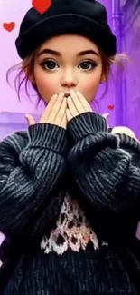 A charming cartoon girl in a purple urban setting.