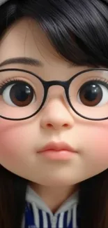 Cute cartoon girl with glasses and striped shirt.