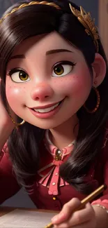 Charming cartoon girl in a red outfit, holding a pencil and smiling.