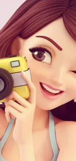 Cartoon girl with camera winks playfully.