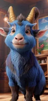 Charming blue cartoon goat with golden horns in a cozy rustic setting.