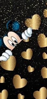 Cartoon character with gold hearts on black background wallpaper.