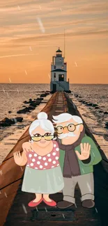 Cartoon couple by lighthouse at sunset, serene seaside view.