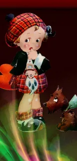 Charming cartoon character in tartan with dog on a vivid mobile wallpaper.