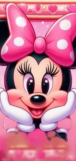 Cartoon mouse with pink bow and hearts wallpaper.