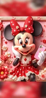 Cartoon mouse in red dress mobile wallpaper with floral accents.