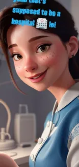 Animated nurse in a hospital setting, smiling in blue uniform.