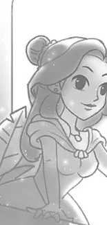 Cartoon princess holding a plush toy by a window in grayscale.