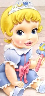 Cute cartoon princess in a blue dress holding a rattle on a wallpaper.