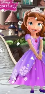 Cartoon princess in purple dress with fairytale background on mobile wallpaper.