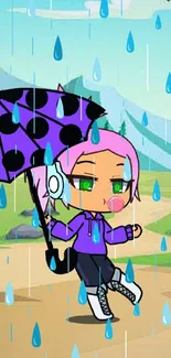 Cartoon character with an umbrella in a rainy, colorful landscape wallpaper.