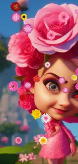 Cartoon girl with pink roses and whimsical backdrop.