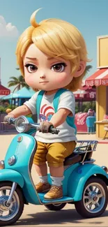 Cute cartoon boy rides a scooter in a colorful scene.