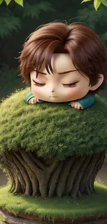 Cute cartoon character sleeping on a green mossy hill, surrounded by nature.