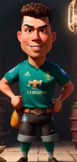 Cartoon soccer player standing confidently in teal green jersey.