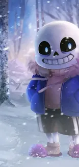 Cartoon character in a snowy winter forest setting, smiling warmly.