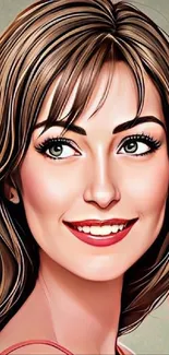 Smiling cartoon woman's portrait with elegant features and artistic design.