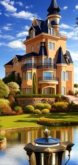 A beautiful castle with a garden and pond under a blue sky.