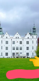 Serene white castle surrounded by lush green parkland.