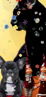 Whimsical wallpaper with black cat, dog, and cheerful figurines.