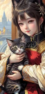 Anime girl with cat ears holding a kitten in a golden dress.