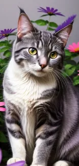 Gray tabby cat with vibrant flowers.