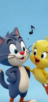 Playful cartoon cat and bird with musical notes on blue background.