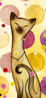 Stylish cat with flowers and colorful circles on a yellow background.