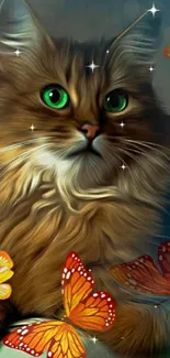 Fluffy brown cat with vibrant butterflies on mobile wallpaper.