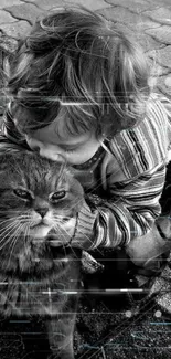 B&W image of a child kissing a cat lovingly.