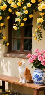 A cat sitting by a window with yellow flowers above.