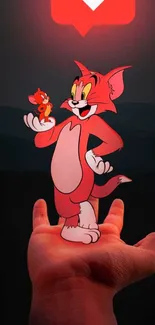 Cartoon red cat and mouse on palm with heart icon.