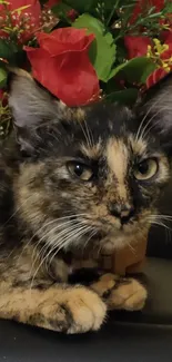 Tortoiseshell cat with red roses in background.