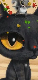 Whimsical black cat with squirrel and autumn leaves.