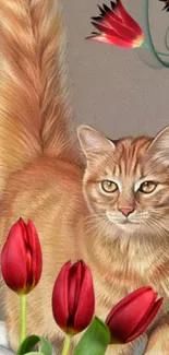 Ginger cat with red tulips on a cozy mobile wallpaper.