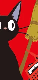 Anime-style black cat with broom on red background.