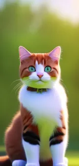 Cartoon cat sitting on grass with a green forest background.