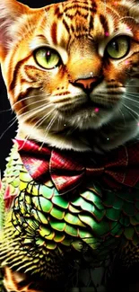 Fantasy cat-dragon with green scales and red bow tie on mobile wallpaper.